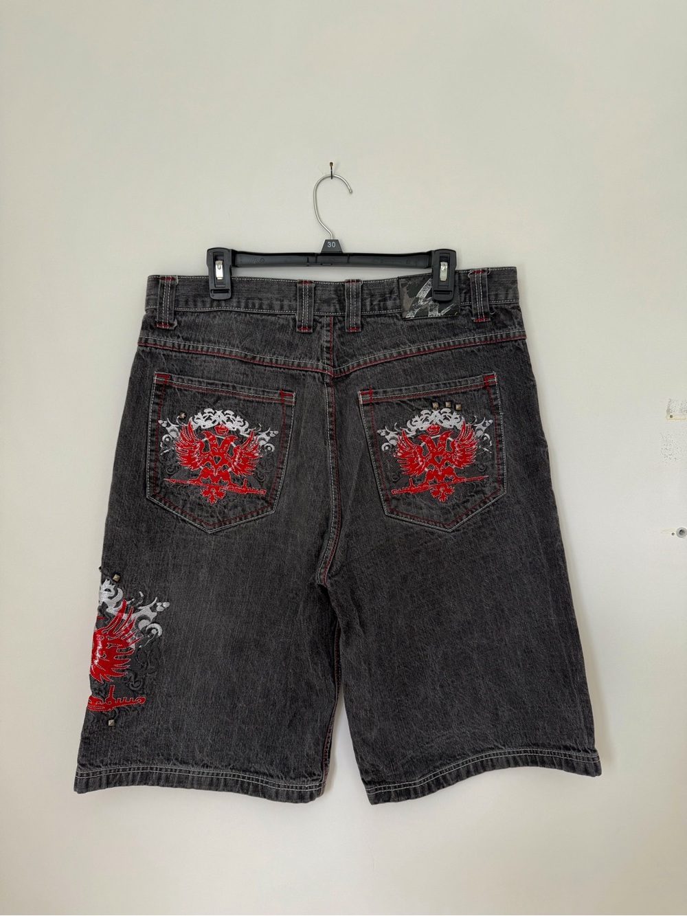 Insane Y2K Vintage Knockout Jorts Embroidered and Studded Black/Red